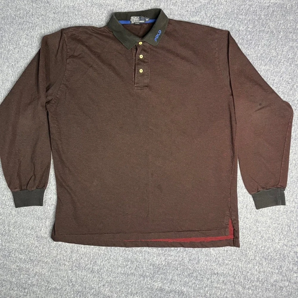 Vintage Polo Ralph Lauren XXL Made USA Black Red Textured Long Sleeve Polo 1990s